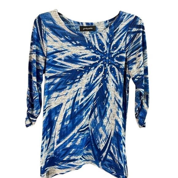 GRAYSON Womens Floral Rhinestone Embellished 3/4 Ruched Sleeve Top Size PS - Picture 1 of 8